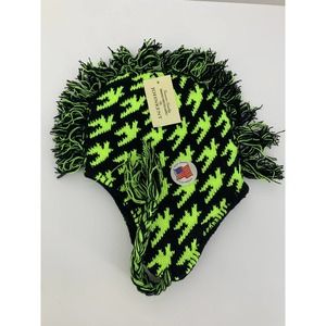 NWT John Kent Kids Size Neon Green Black Houndstooth Mohawk Beanie Hat Unisex
